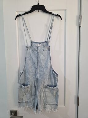 aerie Light Wash Denim Short Overalls Romper